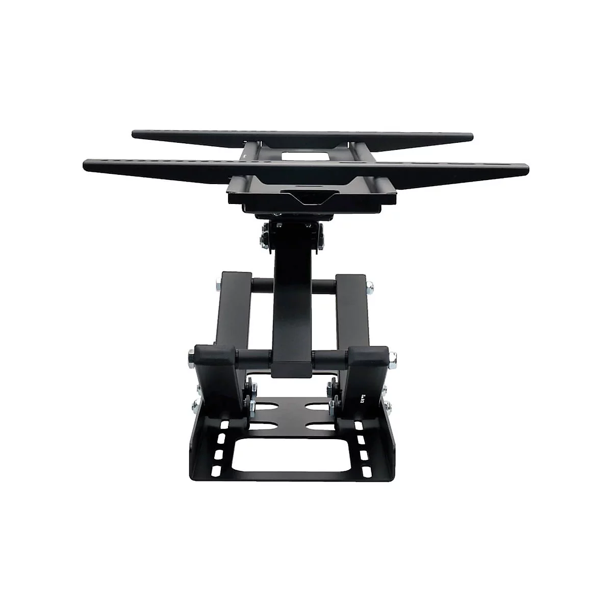 Schwarze TV-Wandhalterung, Frontansicht, vor weißem Hintergrund. Verschiedene Arme, Gelenke und Schrauben.