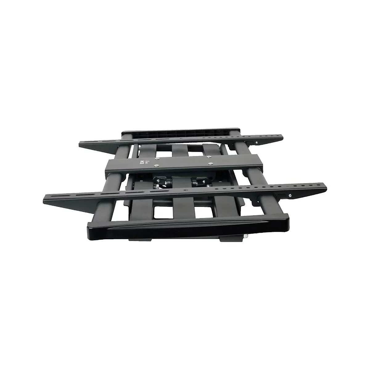 Schwarze TV-Wandhalterung, drehbar und neigbar, vor weißem Hintergrund.