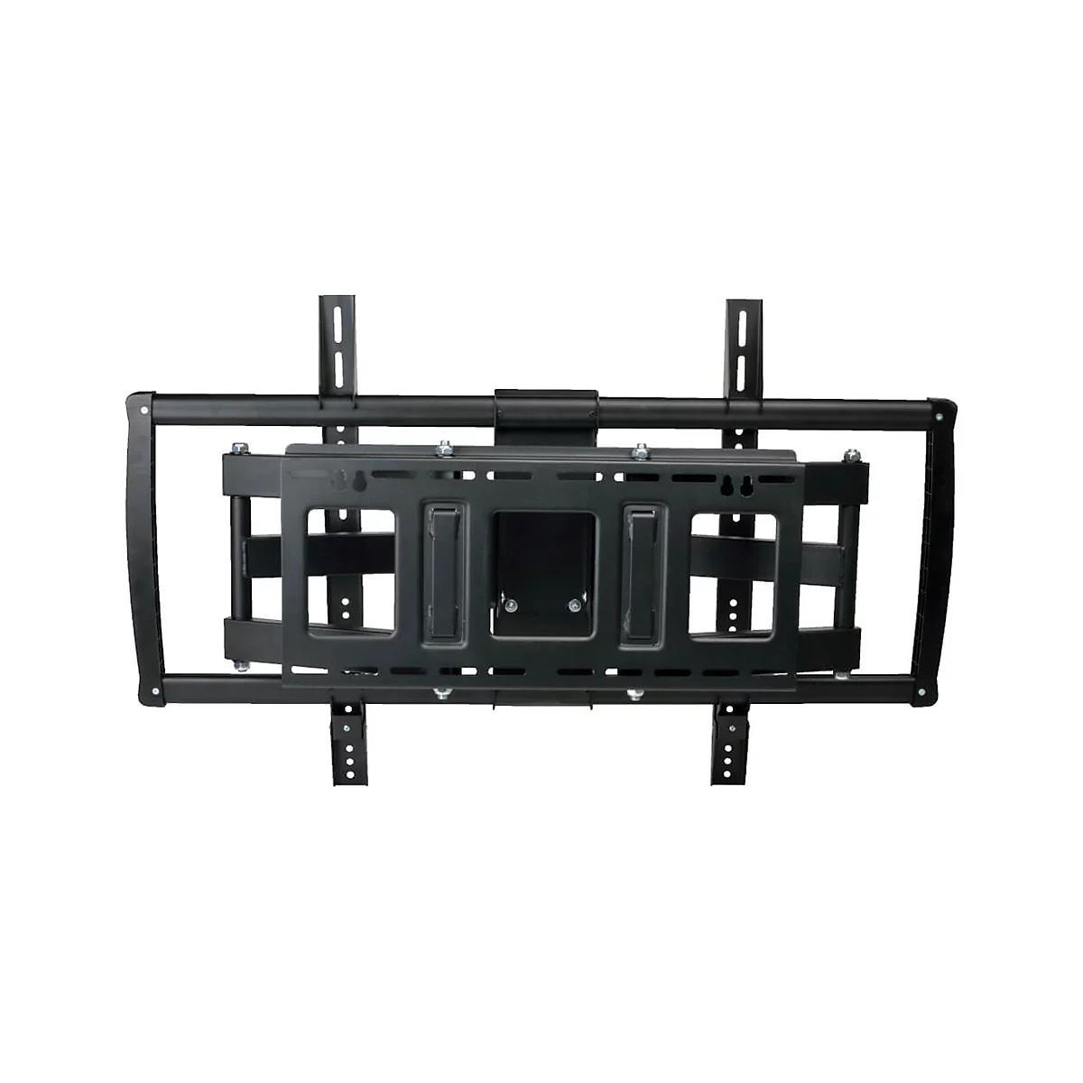 Schwarze TV-Wandhalterung, Frontansicht, mit vertikalen und horizontalen Stangen, die an einer Wand befestigt werden können.