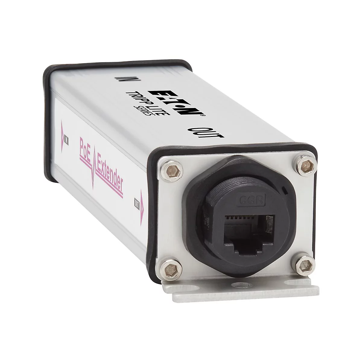 Silberner PoE-Extender mit schwarzem Anschluss und 'Eaton Tripp Lite' Schriftzug.