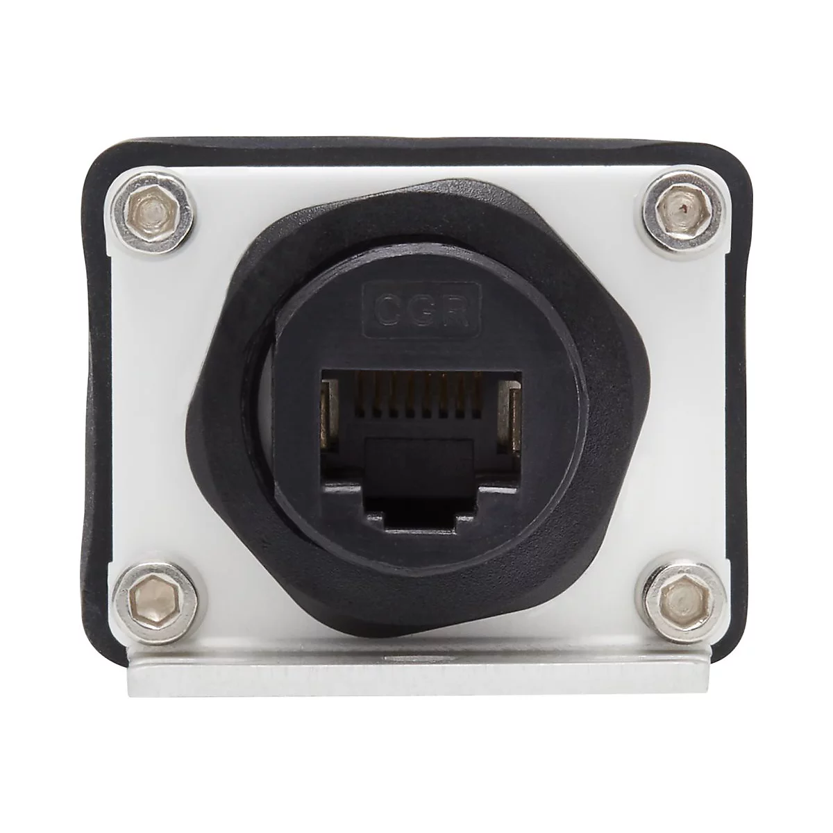 Nahaufnahme eines schwarzen Ethernet-Anschlusses mit vier silbernen Schrauben und der Aufschrift "OGR".