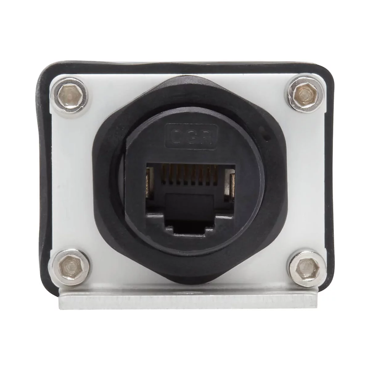 Nahaufnahme eines RJ45-Steckverbinders in einem Metallgehäuse mit Schrauben. Schwarzer Stecker mit "OGR"-Schriftzug.