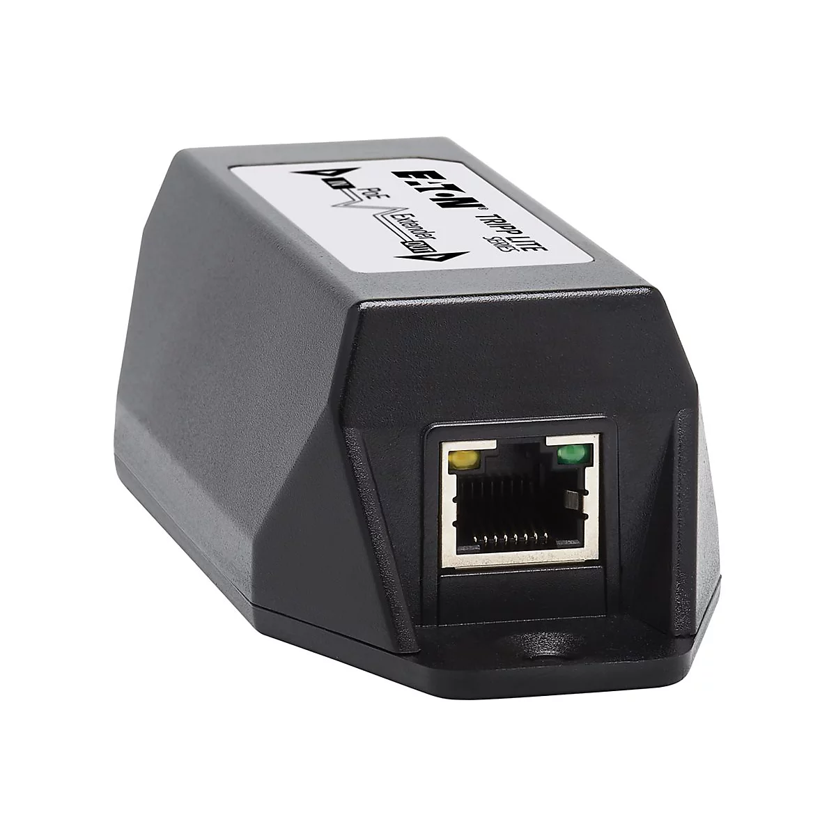 Schwarzer Tripp Lite PoE Extender. Aufschrift: Eaton, Tripp Lite Series. Mit Ethernet-Anschluss.
