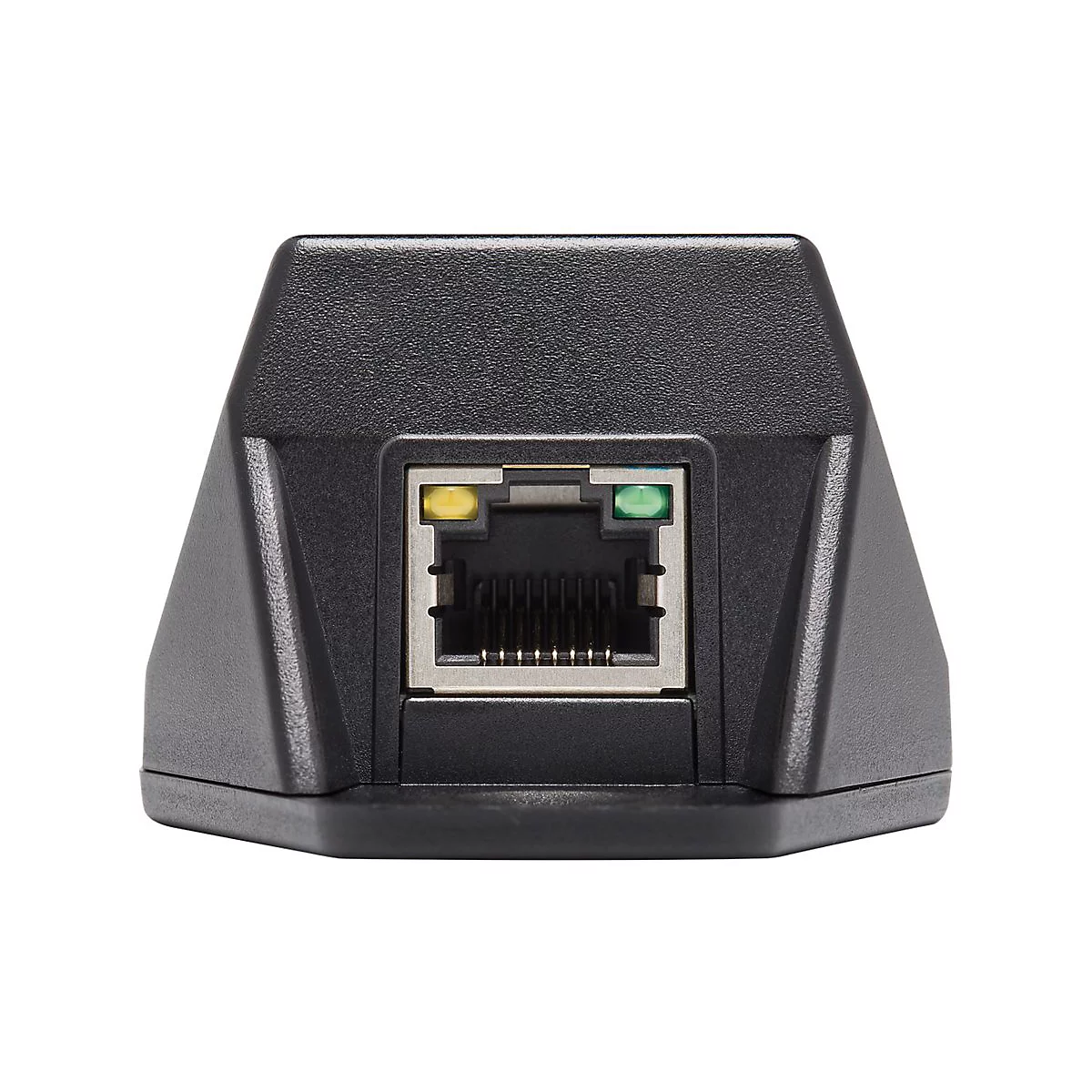 Nahaufnahme eines schwarzen Netzwerkadapters mit RJ45-Anschluss, gelben und grünen LEDs.