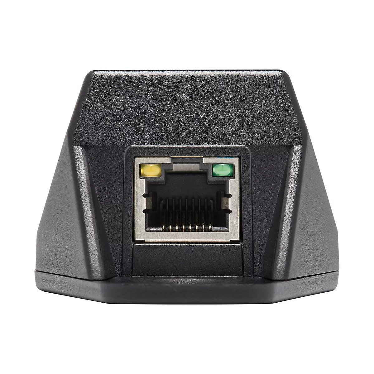 Nahaufnahme eines schwarzen Netzwerkadapters mit Ethernet-Anschluss und gelber und grüner LED.