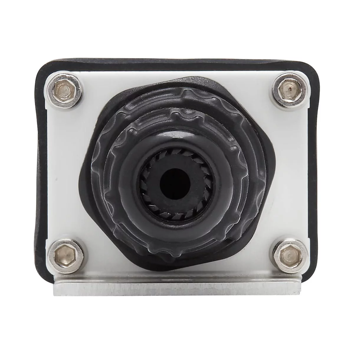 Nahaufnahme einer schwarzen Kamera mit kreisförmigen Rillen, umgeben von einem weißen Rahmen mit Schrauben.