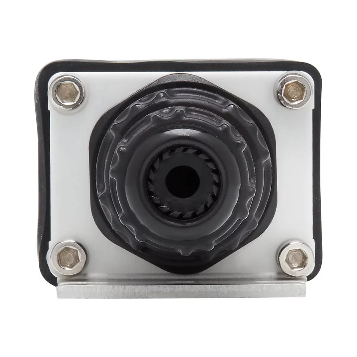 Nahaufnahme einer Kameraeinheit: schwarzes Objektiv mit strukturierter Fassung, Metallgehäuse mit Schrauben.