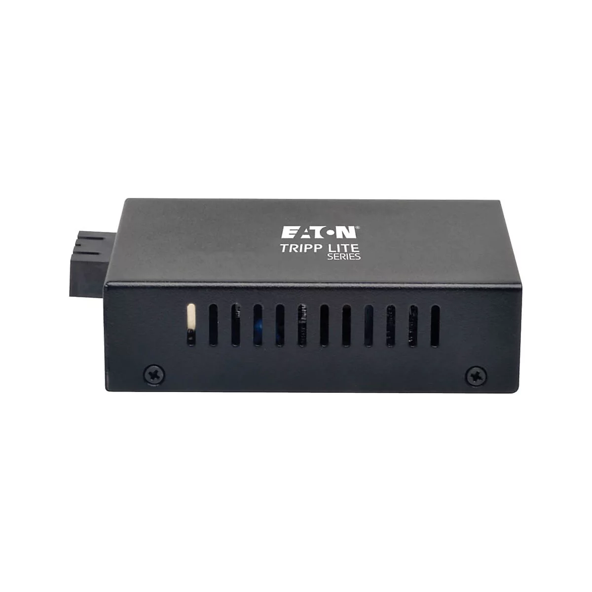 Schwarzer Eaton Tripp Lite Series Konverter. Rechteckige Form, Lüftungsschlitze und Schrauben. Logo oben rechts.
