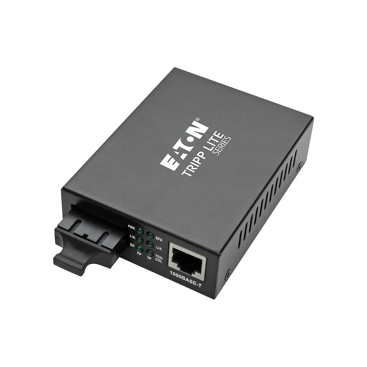 Schwarzer Netzwerk-Konverter von Eaton Tripp Lite. Oben steht das Logo und die Schriftzüge. Unten befinden sich Anschlüsse und LEDs.