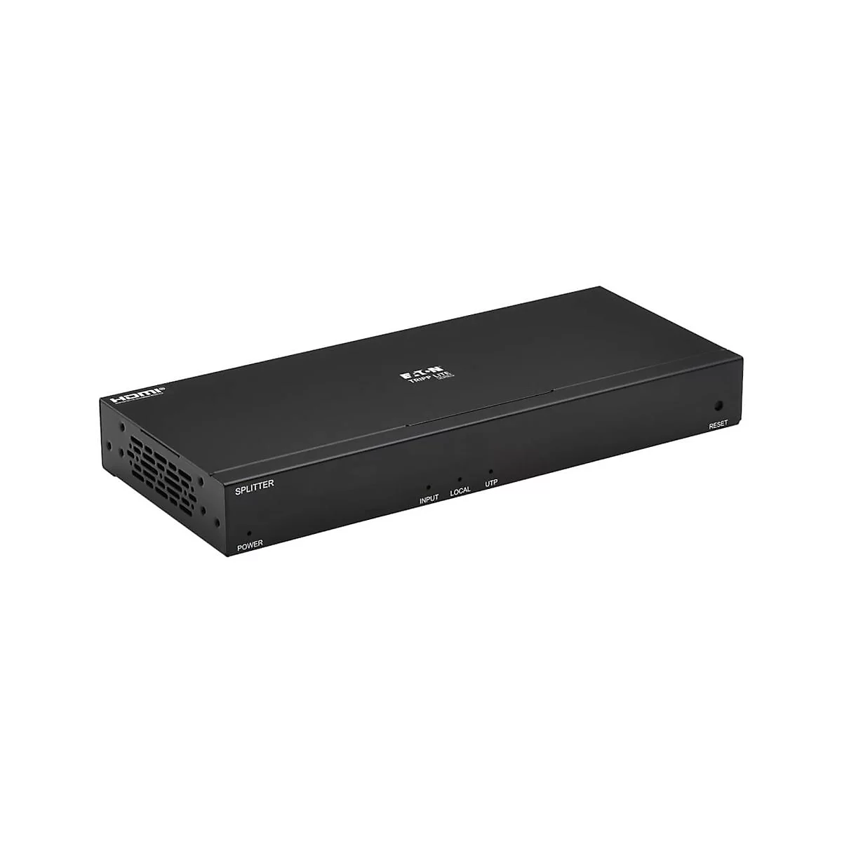 Schwarzer HDMI-Splitter mit den Beschriftungen "SPLITTER", "POWER", "INPUT", "LOCAL", "UTP" und "RESET".