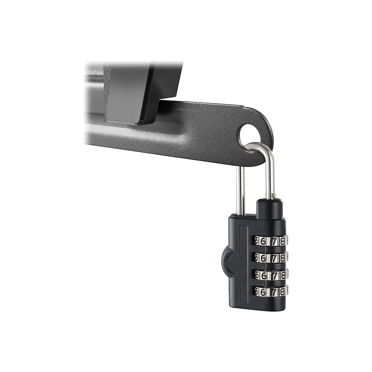 Schwarz Kombination Schloss mit silbernem Bügel hängt an einem dunklen Metall. Die Zahlen auf dem Schloss sind sichtbar.