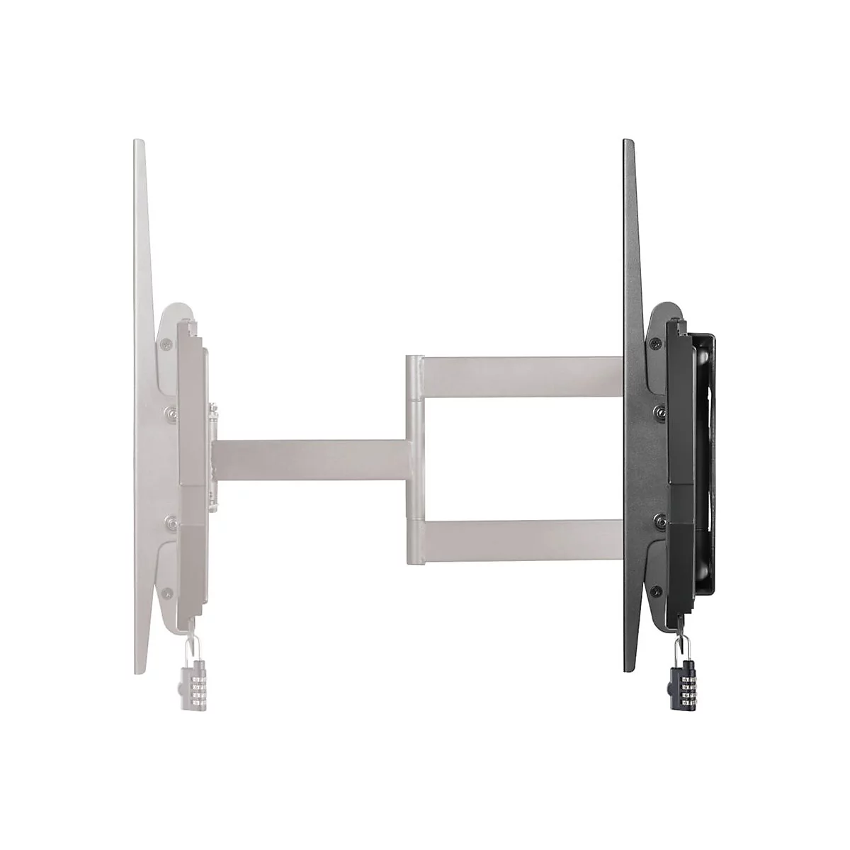 Wandhalterung für Fernseher, schwarz, mit Zahlenschlössern.