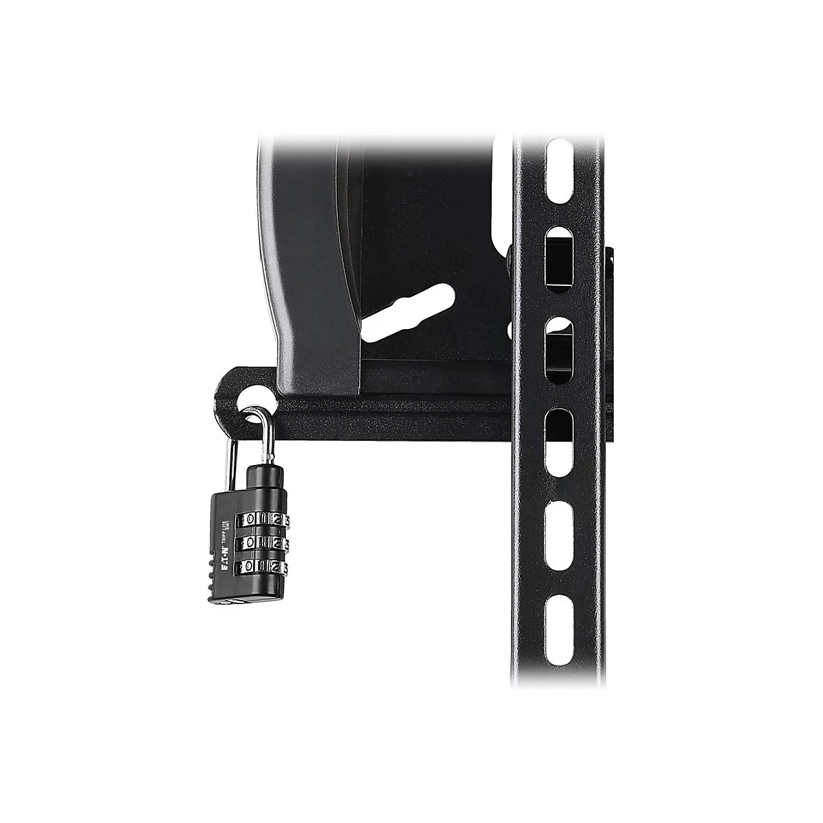 Nahaufnahme eines schwarzen Kombinationsschlosses an einem Metallrahmen. Die Ziffern sind gut sichtbar.