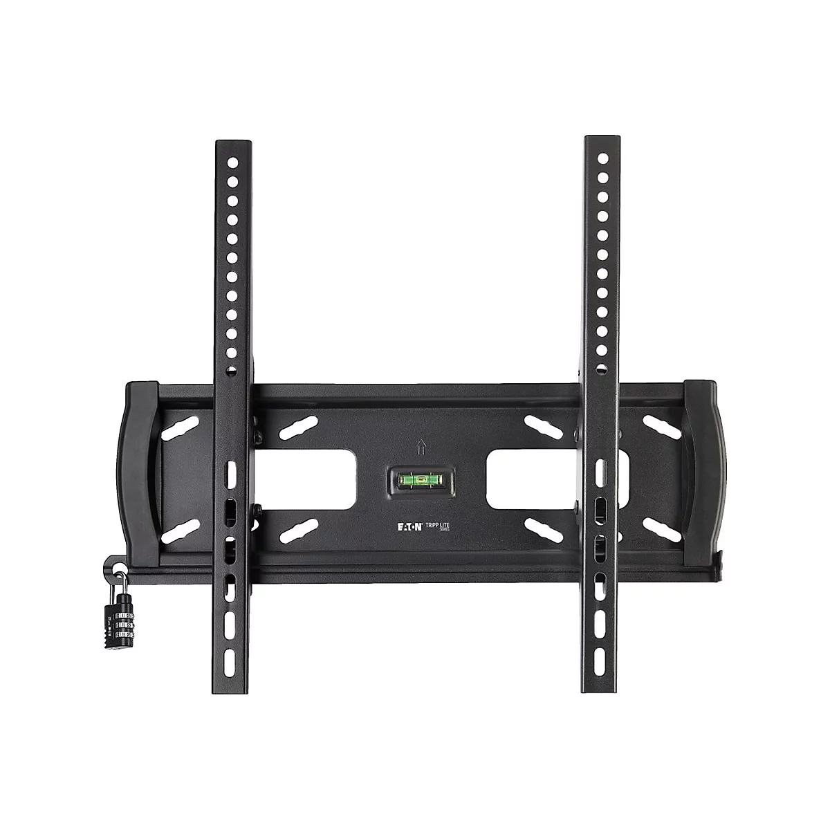 Schwarze TV-Wandhalterung, mit Wasserwaage, zwei vertikalen Schienen und einem Zahlenschloss.