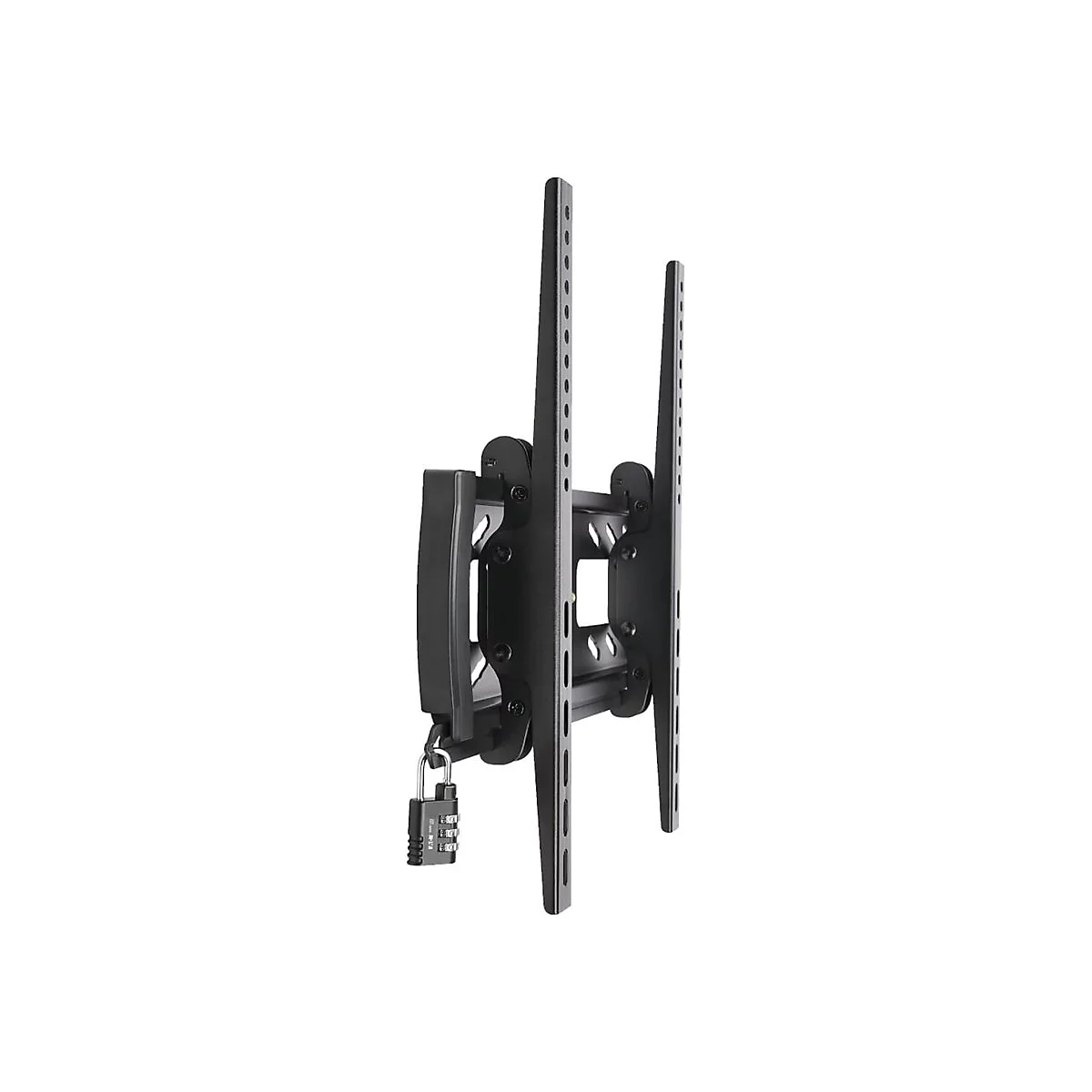 Schwarze TV-Wandhalterung, mit einem Zahlenschloss gesichert, vor weißem Hintergrund.