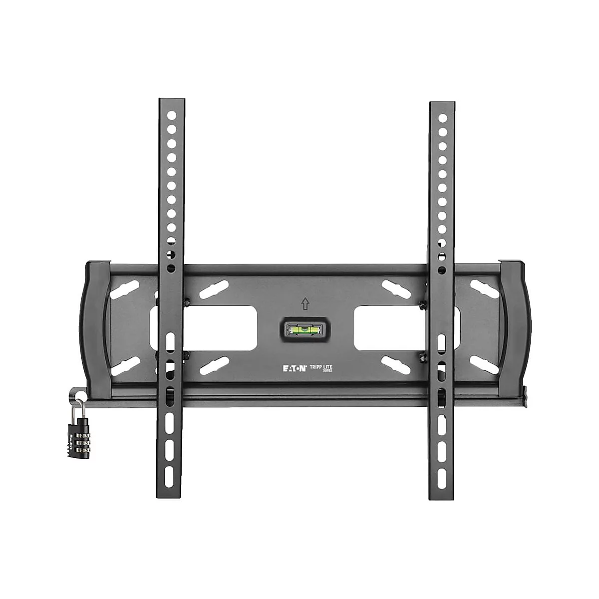 Schwarze TV-Halterung mit Wasserwaage, zwei vertikalen Schienen und einem Zahlenschloss.