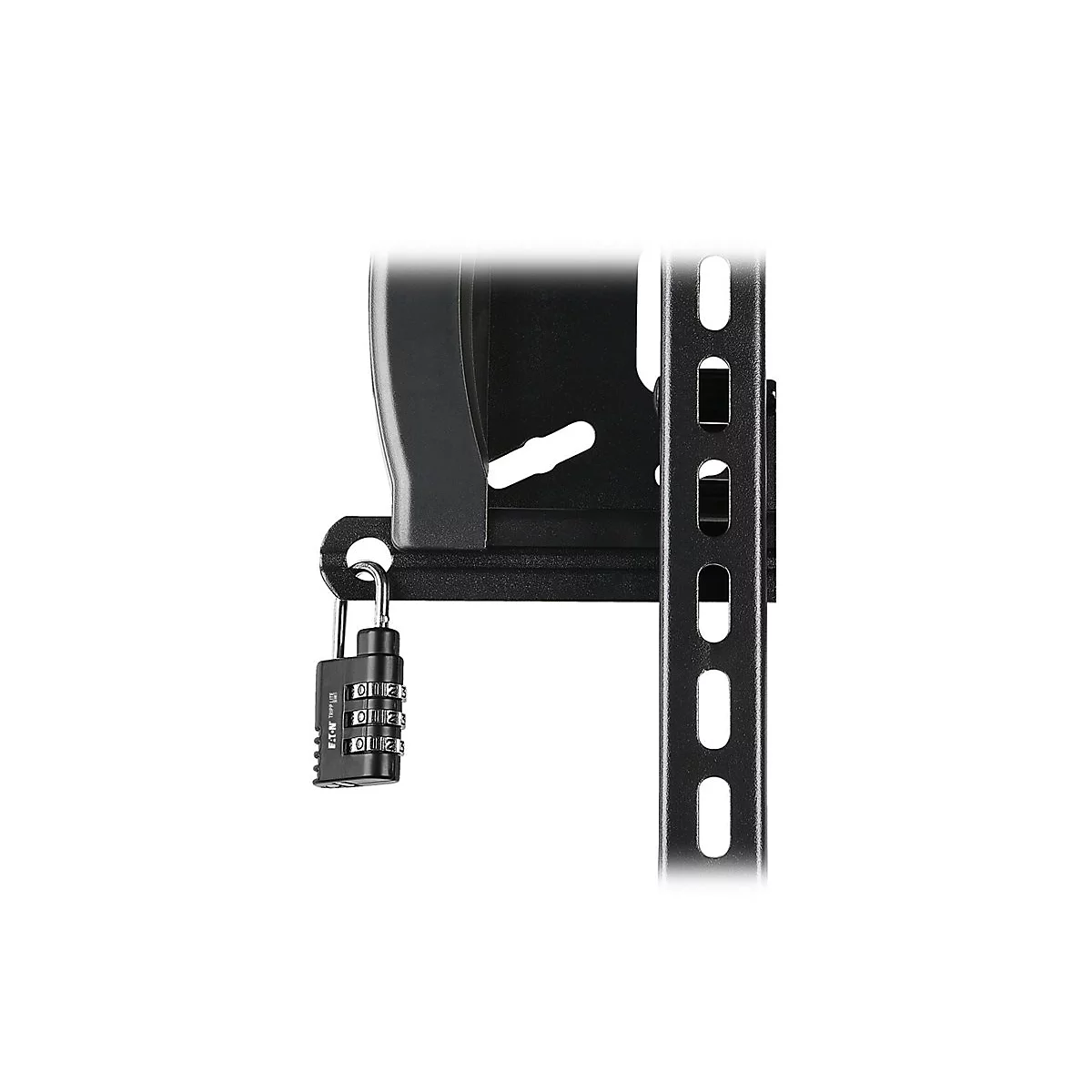 Detailaufnahme einer schwarzen Kombinationsschloss am Halterung.