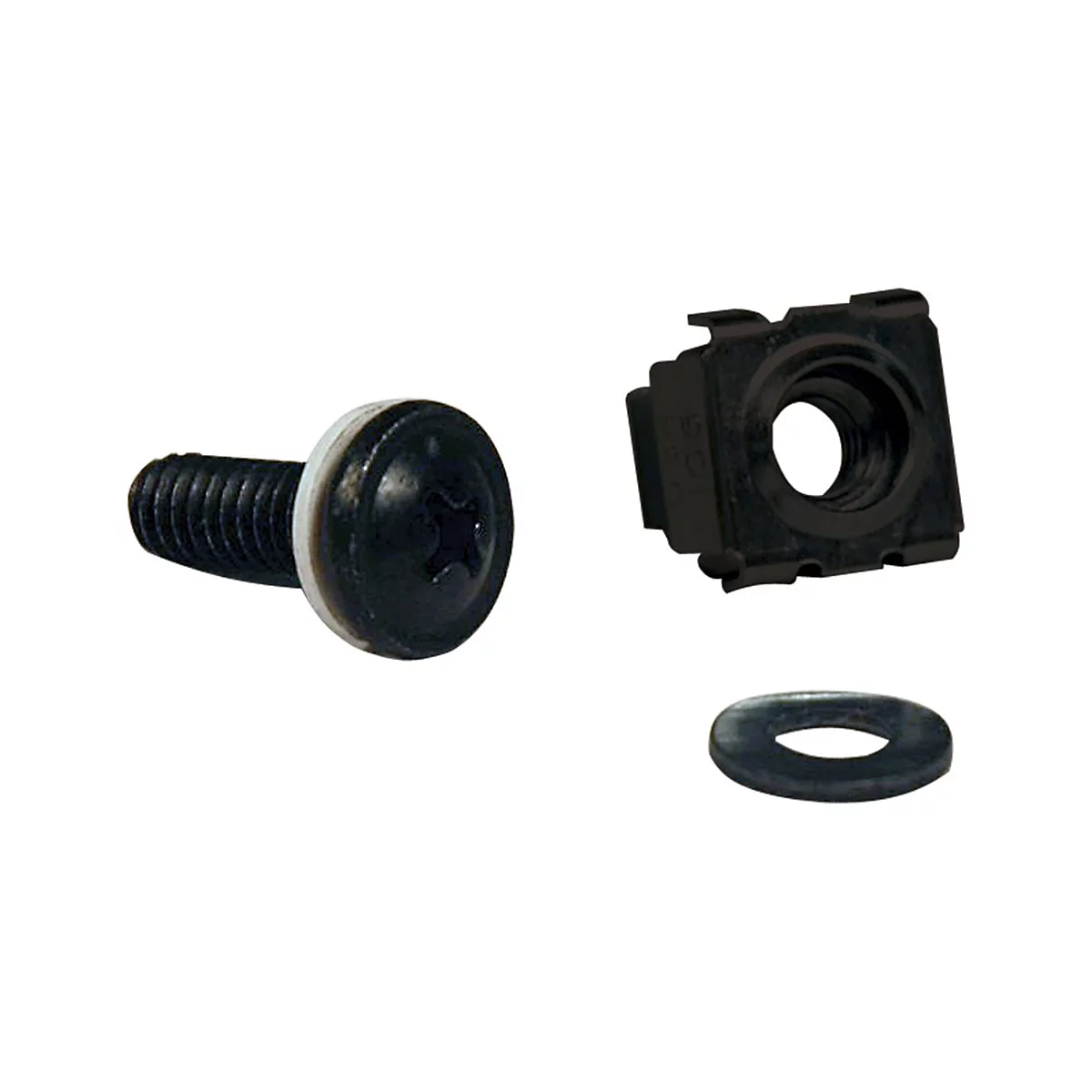 Schraube, Mutter und Unterlegscheibe, isoliert auf weißem Hintergrund.