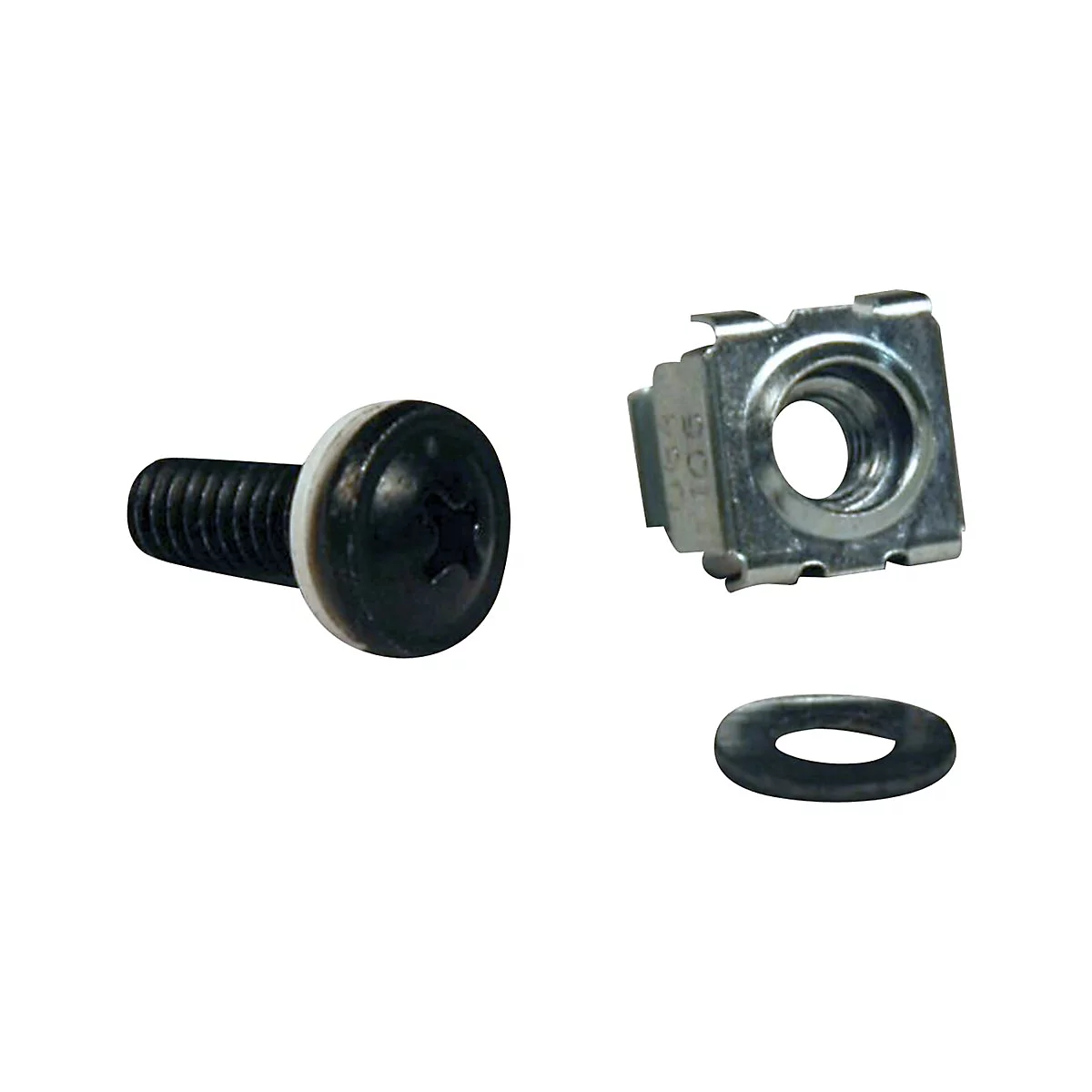 Schraube, quadratische Käfigmutter und Unterlegscheibe auf weißem Hintergrund.