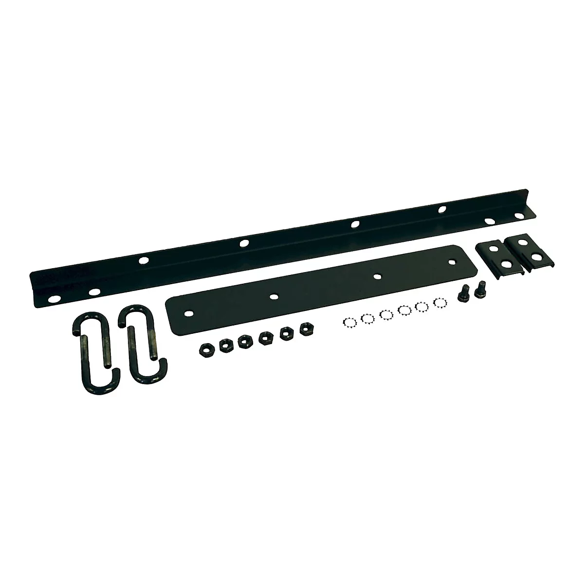 Schwarzes Hardware-Set, bestehend aus Metallplatten, Schrauben, Muttern und U-förmigen Bolzen, auf weißem Hintergrund.