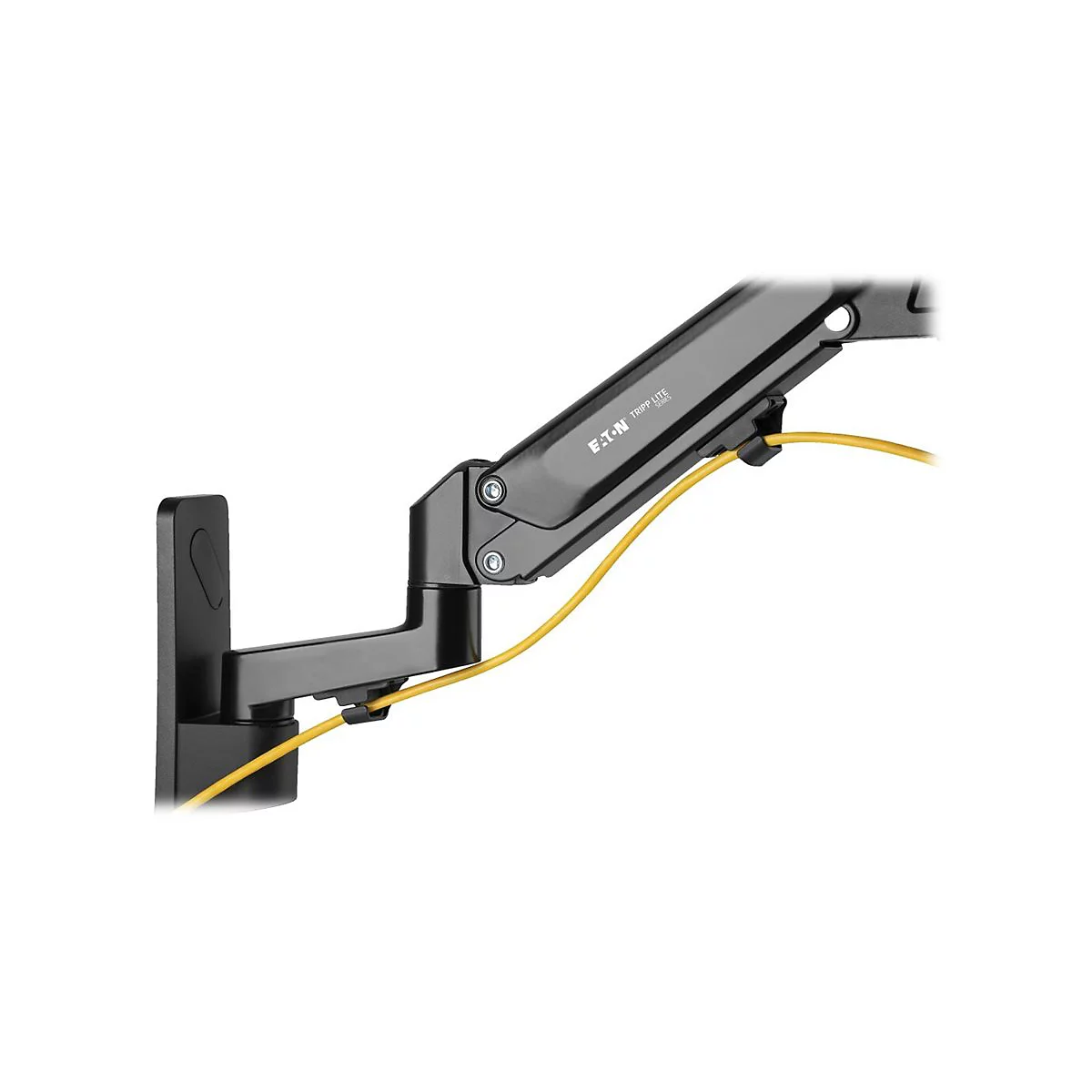 Schwarze Monitorhalterung, gelbes Kabel. Das "Eaton Tripp Lite"-Logo ist sichtbar.