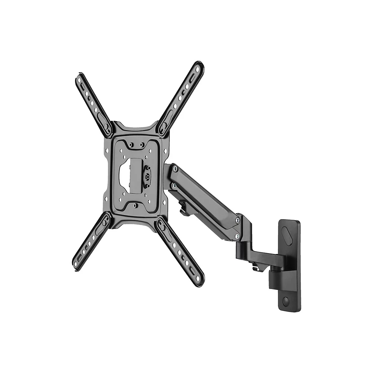 Schwarze TV-Wandhalterung, drehbar und ausziehbar, mit Schrauben und Gelenken.