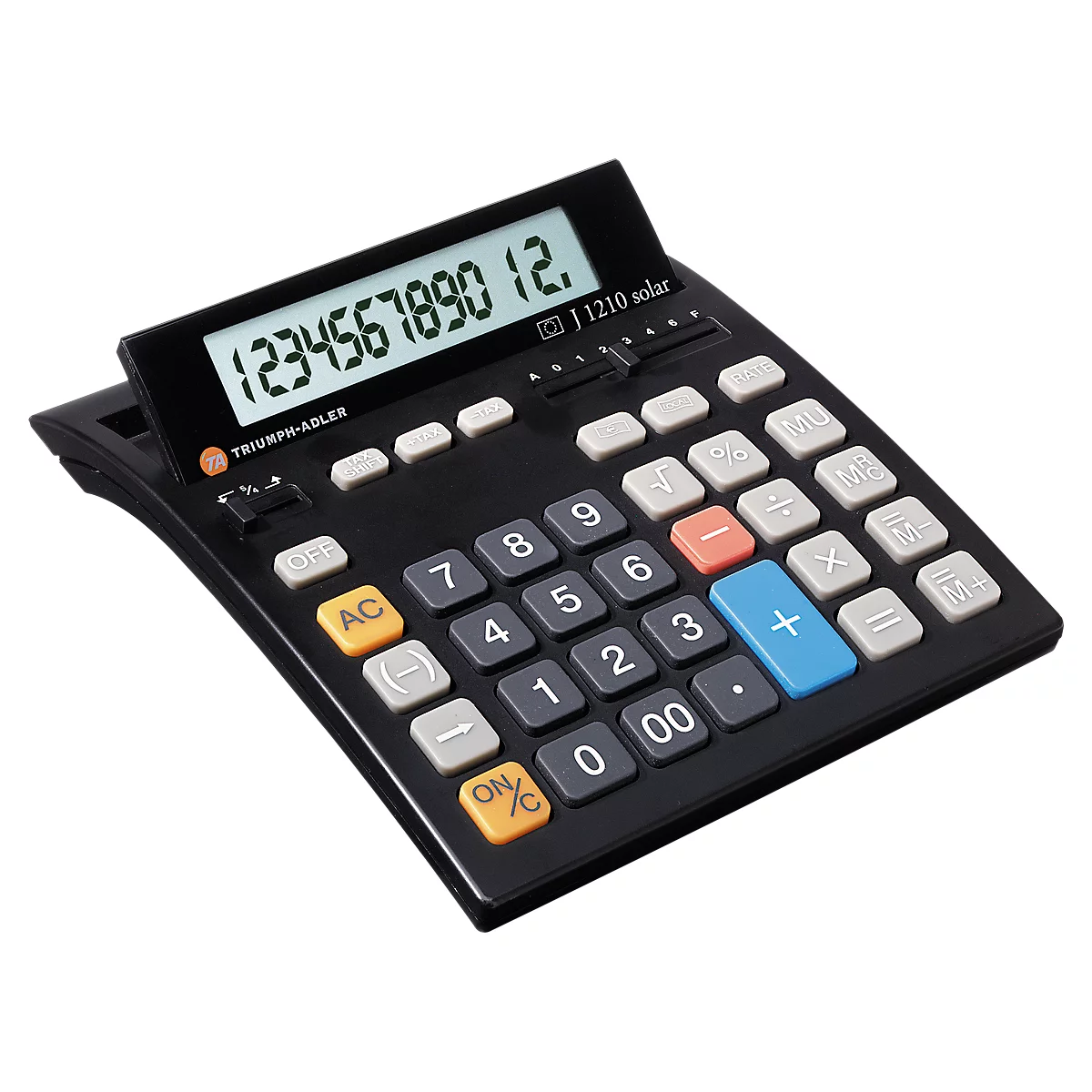 Black calculator with white display and keys. The number 1234567890 12. can be seen on the display.