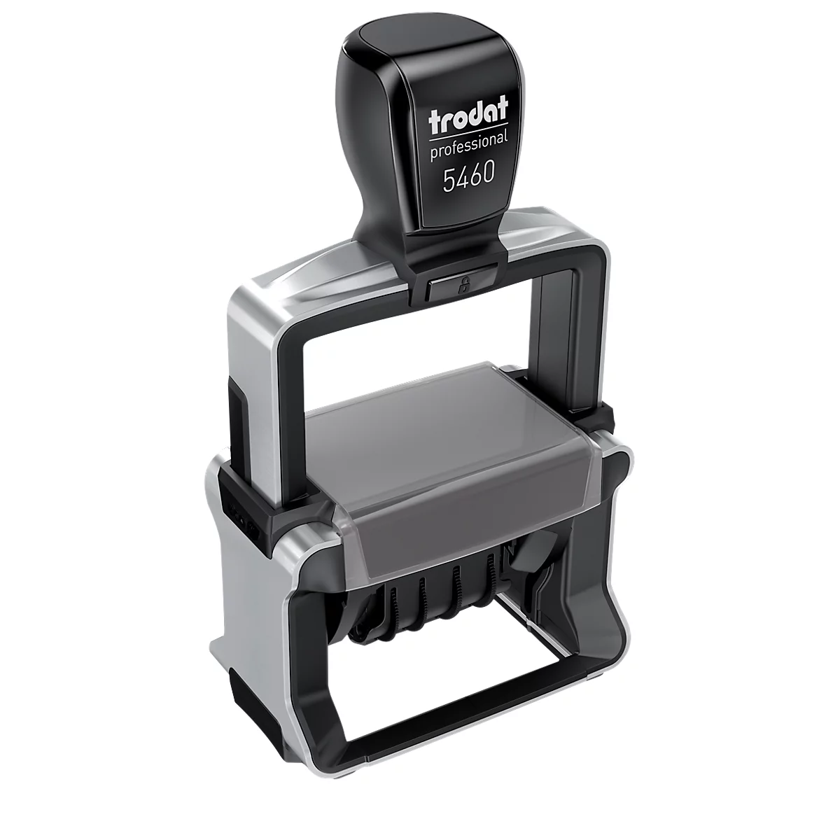 Black and silver Trodat stamp 5460 with handle and text.