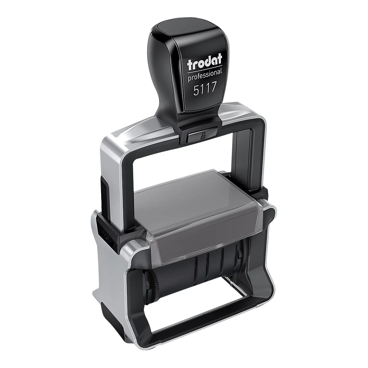 A black, silver and gray Trodat stamp with the words 'Trodat Professional 5117.'