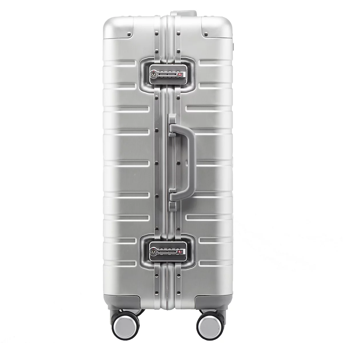 Valise argentée avec poignée, serrures et roues.
