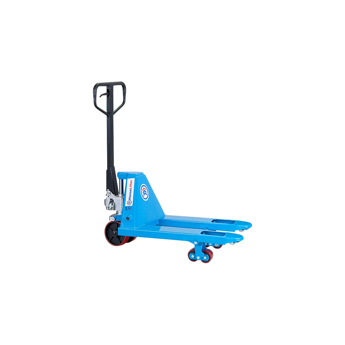 Blue pallet truck with black handles and red tires.