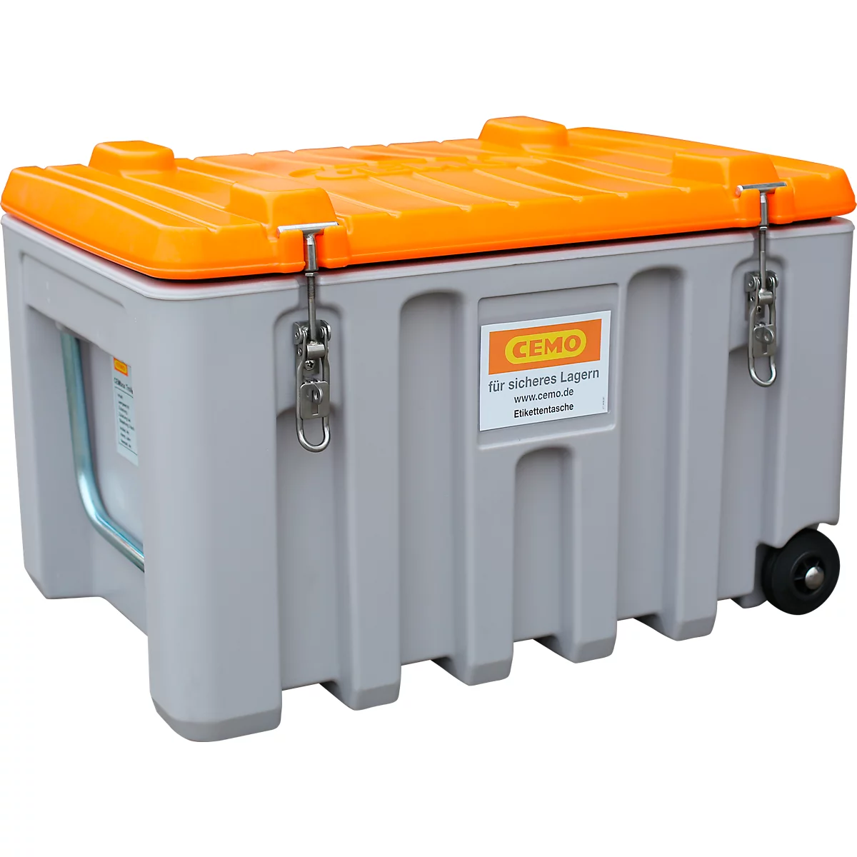 Grey transport box with orange lid, silver closures and wheels.