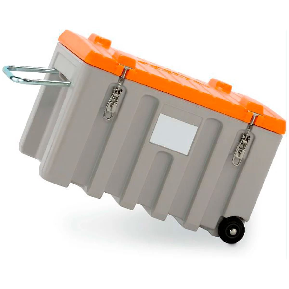 Grey transport case with orange lid. It has wheels, a handle and metal closures.
