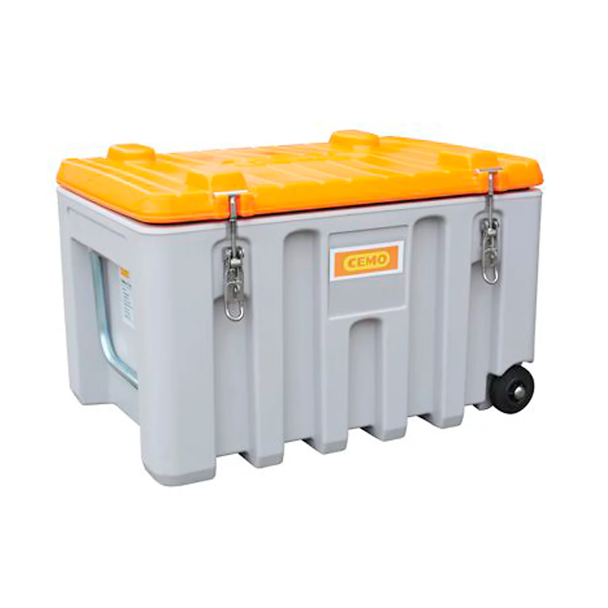 Grey transport box with an orange lid and wheels. It features two clasps and a Cemo logo.