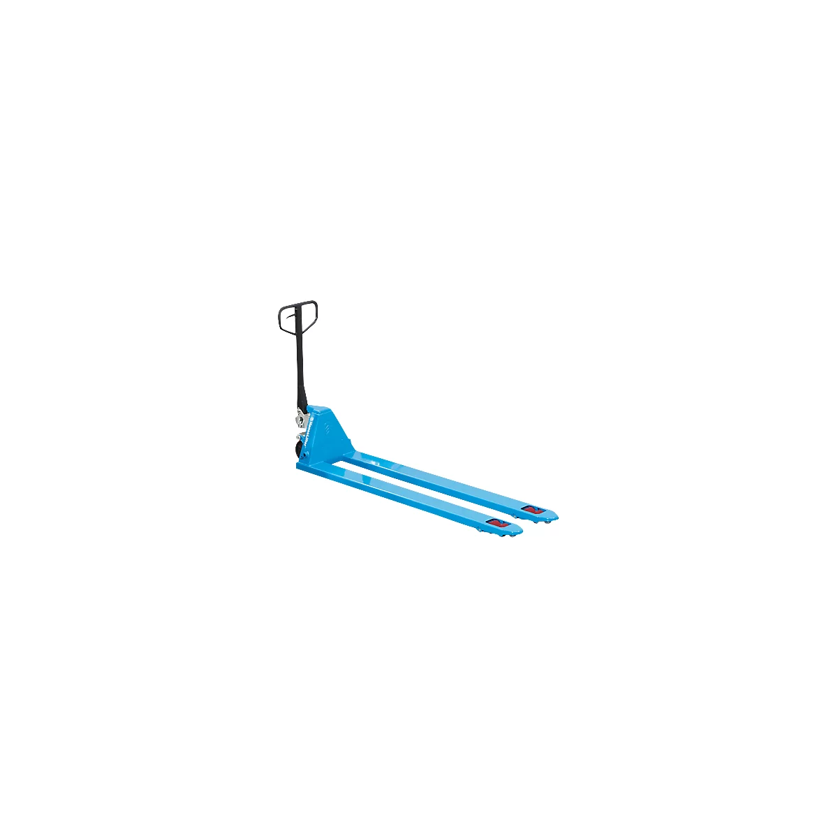Blue pallet jack against a white background. The handle is black, the forks are long, and the tips are red.