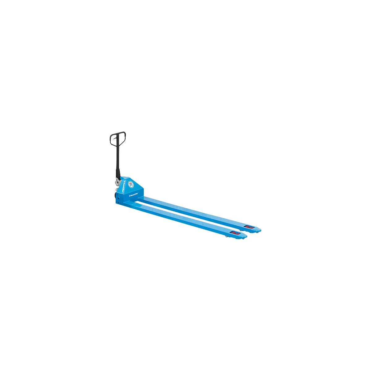 Light blue pallet truck with a black handle and forks.
