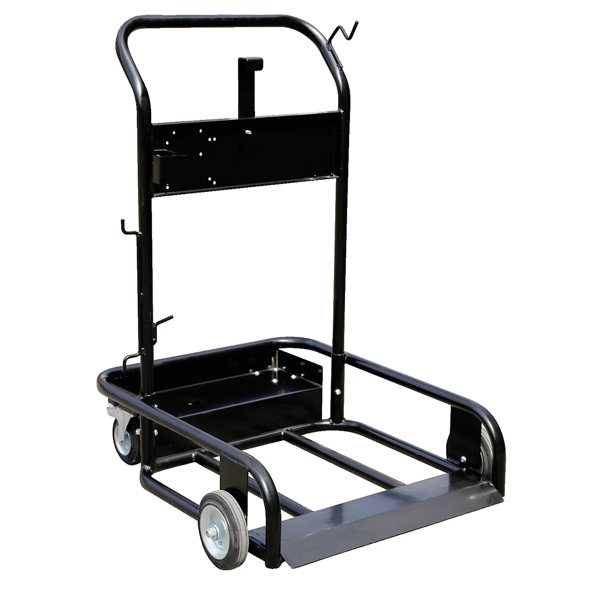 Black transport cart with wheels against a white background.