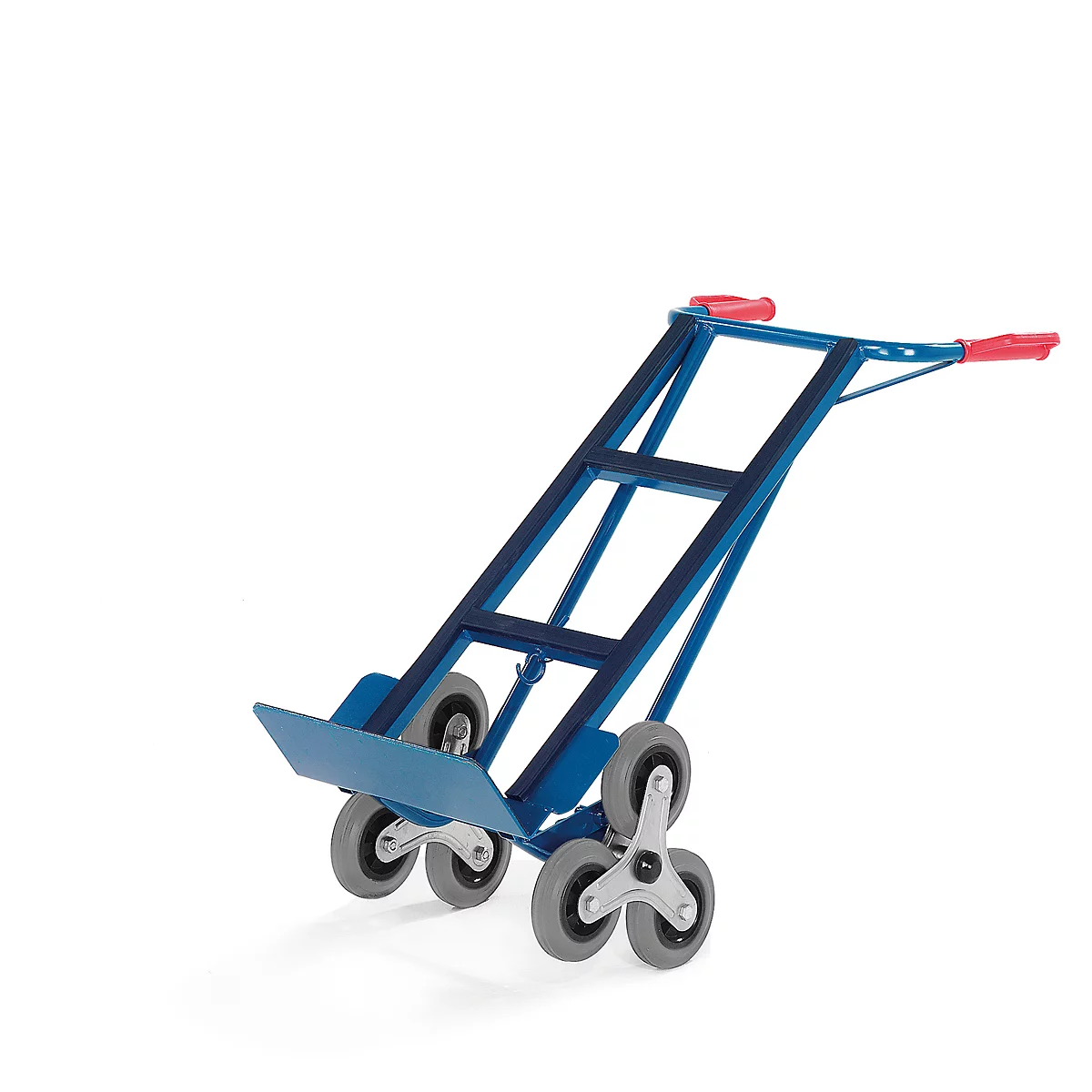 Blue stair climber with red handles, standing in front of a white background.