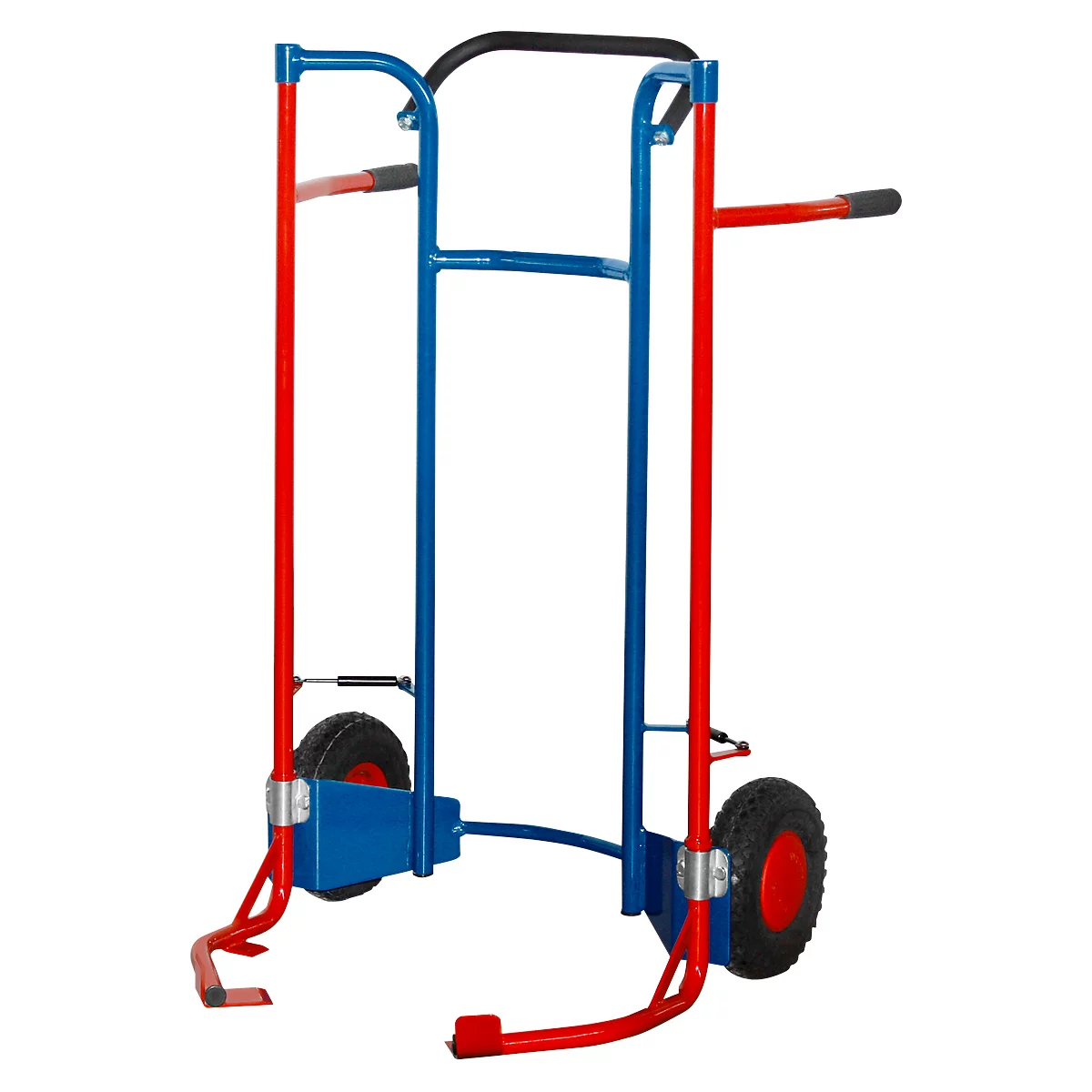Blue and red hand truck with wheels.