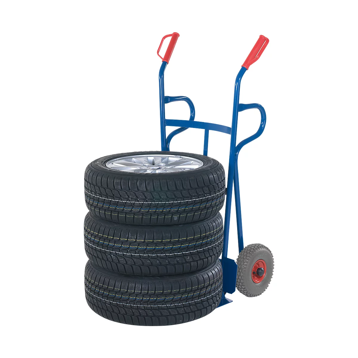 Blue hand truck carrying three tires and a wheel with rim.