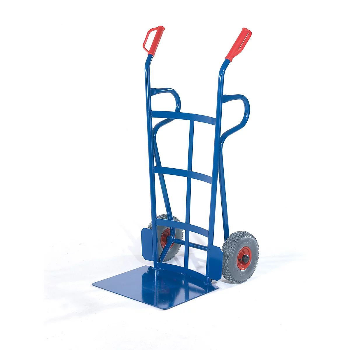 Blue hand truck with red handles, gray tires, and a rectangular loading surface.