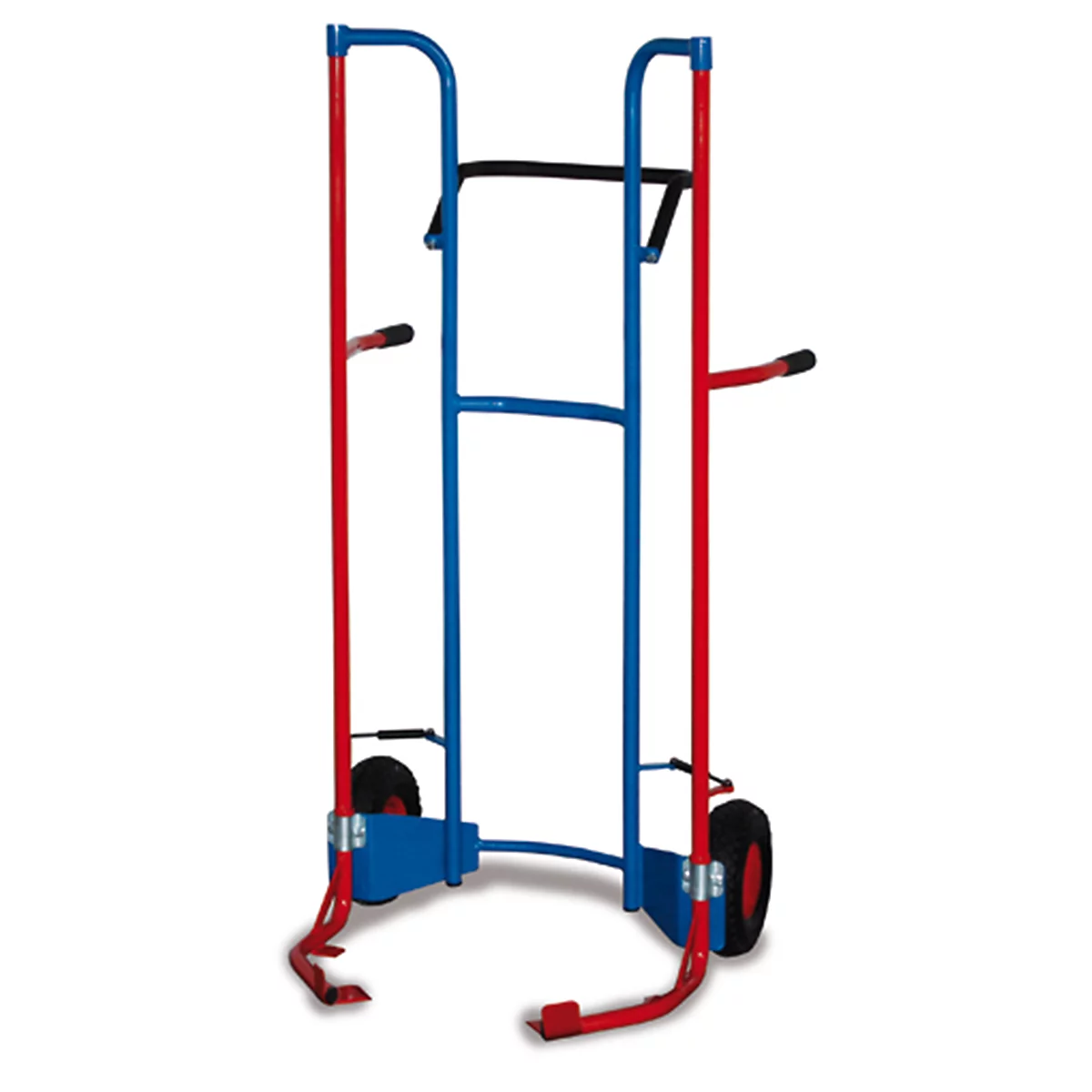 Red and blue hand truck with two wheels. Red bars on the sides, blue bars in the middle.