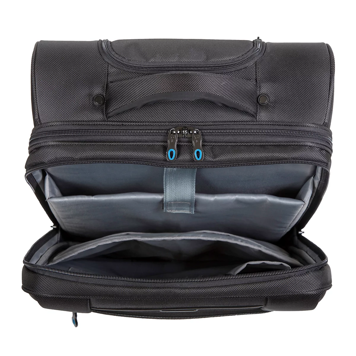 Valise à roulettes noire, ouverte. Compartiment intérieur avec ordinateur portable et autres compartiments. Fermetures éclair bleues, doublure grise.