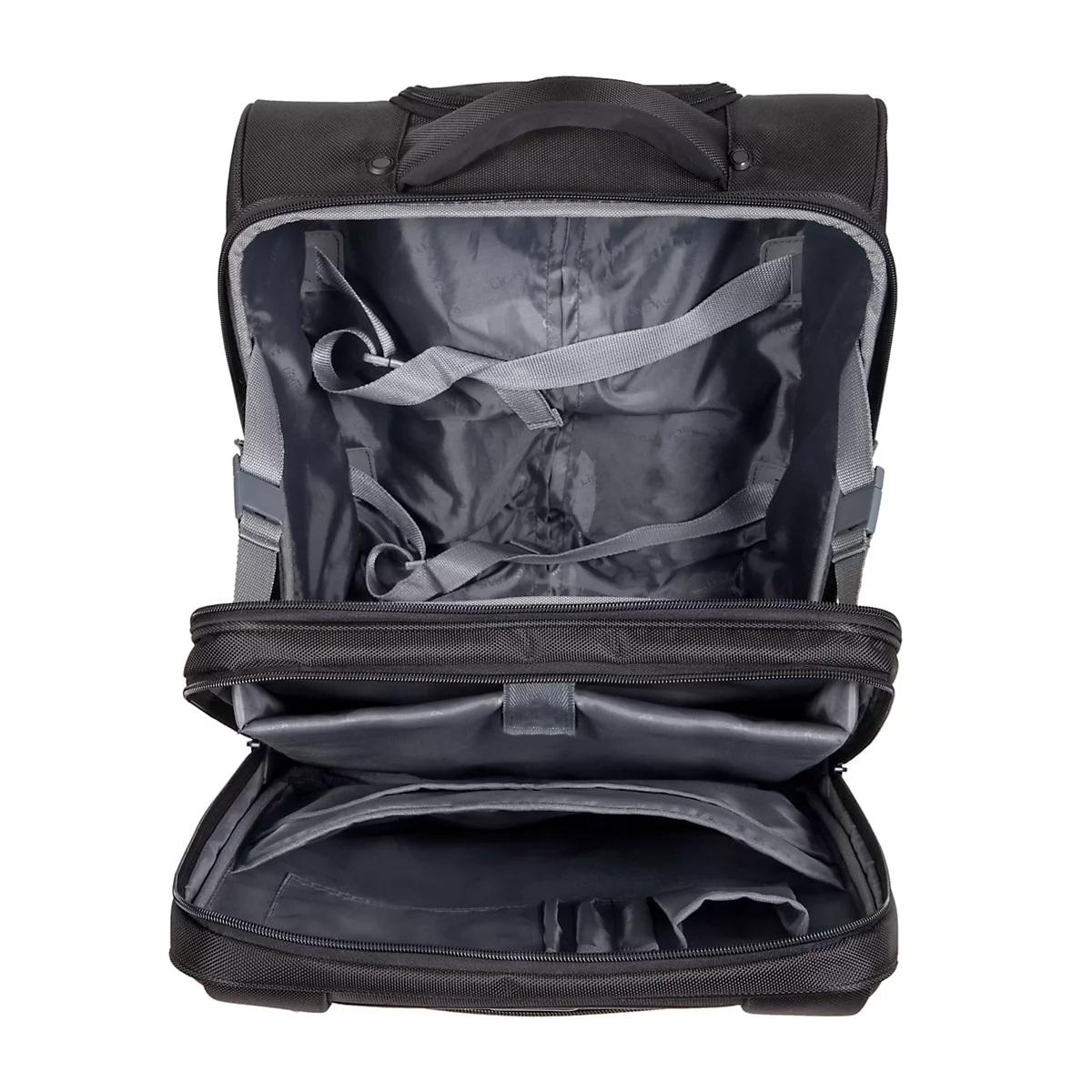 Schwarze, offene Reisetasche. Graues Innenfutter mit Spanngurten und Fächern. Tragegriff oben.