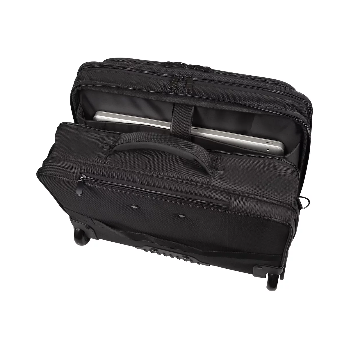 Trolley pour ordinateur portable LIGHTPAK®, pour 1 ordinateur portable jusqu'à 17', compartiment principal et 3 compartiments zippés, poche filet, roulettes, PET recyclé, noir