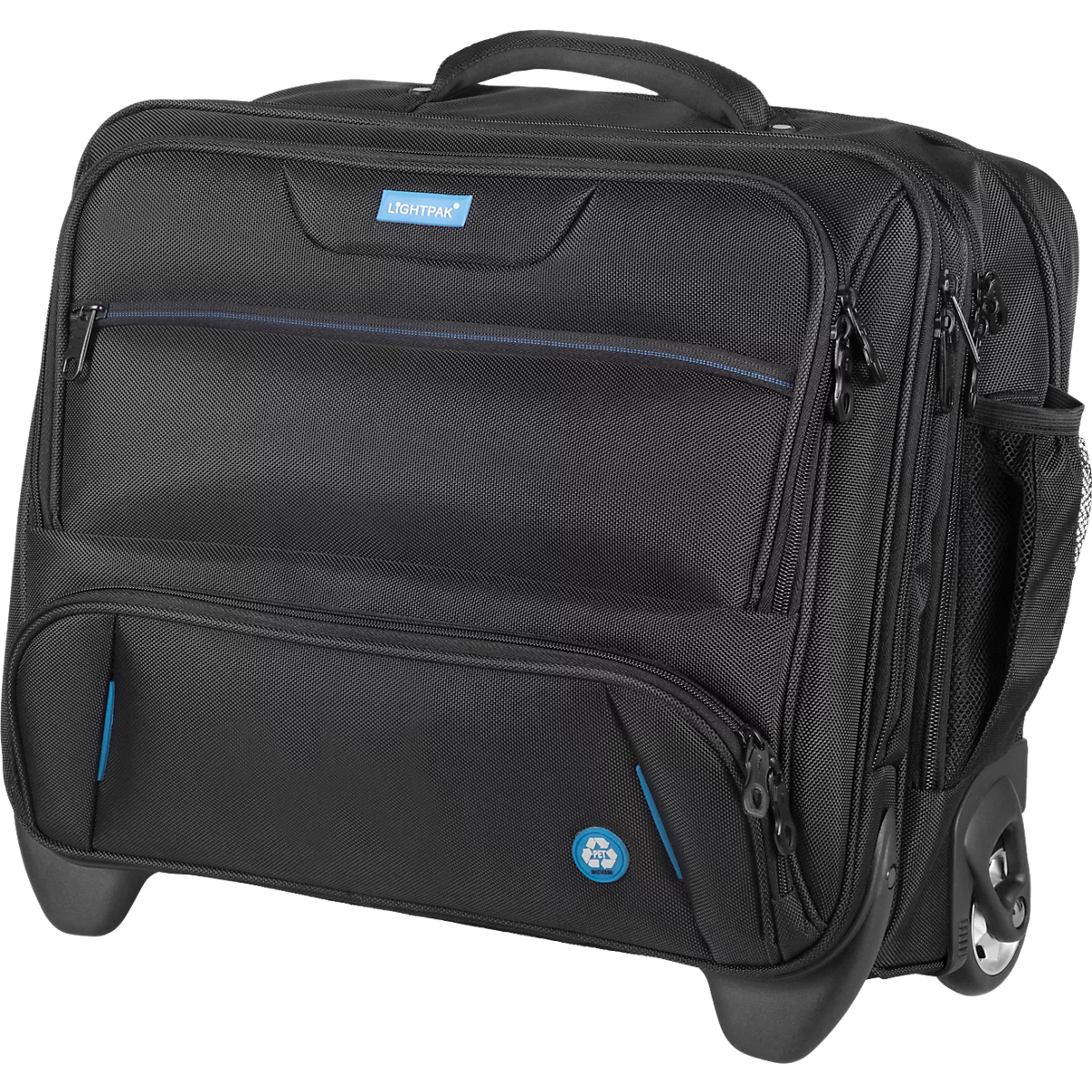 Trolley noir avec compartiment ouvert, stylos, smartphone, bouteille d'eau. Inscription « STOP » sur un rectangle bleu.
