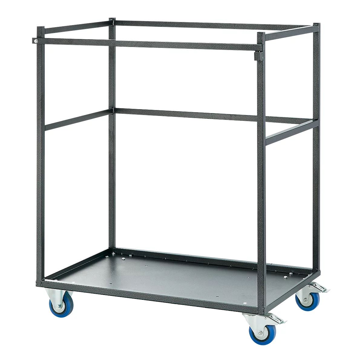 Dark gray serving cart with castors, metal construction, two shelves.