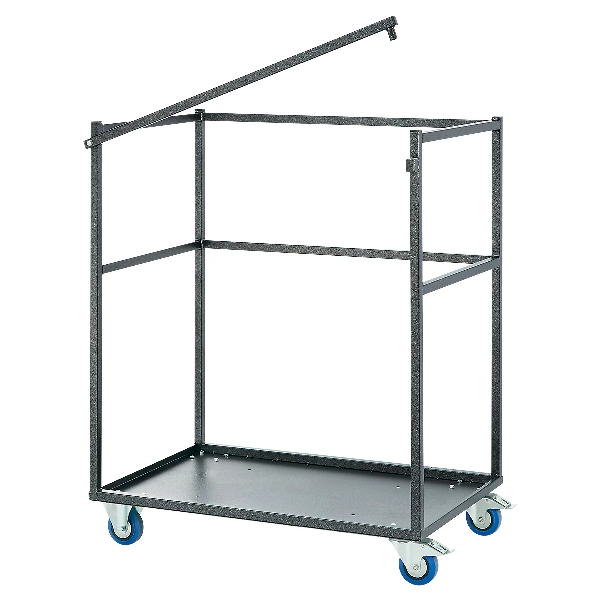 Black rectangular trolley with lid and four wheels.