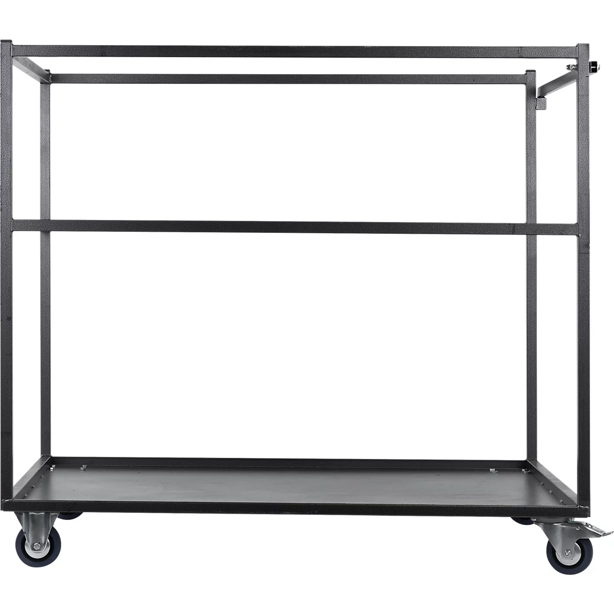 Black serving cart on wheels with two shelves.