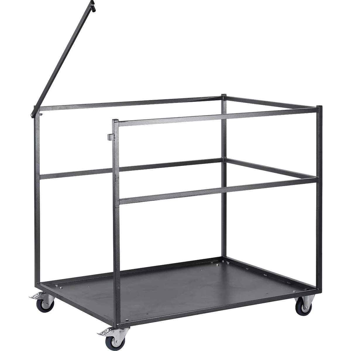 An empty, metal transport cart with wheels, open frame and a folding bracket.